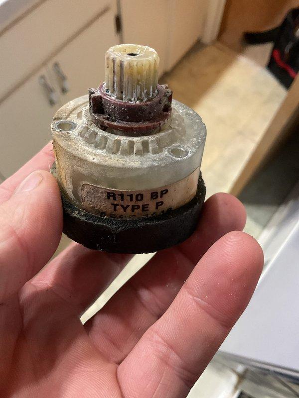 Repaired shower faucet leak by replacing worn R110 BP TYPE P cartridge. Accessed plumbing through wall panel, inspected valve assembly and connections, then installed new cartridge with proper sealing to eliminate water leakage. Tested operation to verify complete resolution of the issue.