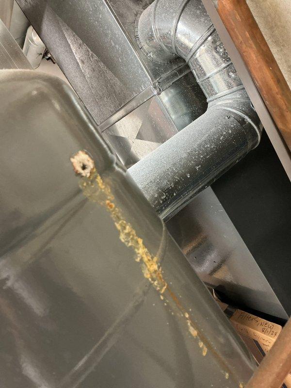 Performed complimentary annual boiler tune-up service on 0-year-old unit equipped with humidifier. Visual inspection revealed significant corrosion on brass valve/regulator components within the water distribution system and evidence of rust formation on HVAC ductwork. Completed standard maintenance procedures and documented system condition with photographs for service records.