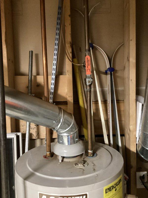 Conducted water heater replacement estimate for customer with existing A.O. Smith unit located in utility area. Documented current installation configuration including ventilation system, copper supply lines, and surrounding mechanical components. Renewed customer's annual FACH membership during visit.