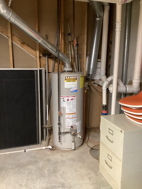 Conducted water heater replacement estimate for customer with existing A.O. Smith unit located in utility area. Documented current installation configuration including ventilation system, copper supply lines, and surrounding mechanical components. Renewed customer's annual FACH membership during visit.