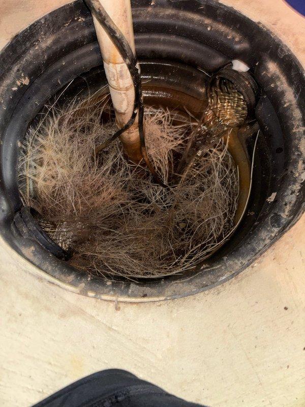 Replaced aging sump pump in 1993-built home, removing significant fibrous debris buildup from the sump pit that was causing drainage issues. Installed new pump with proper PVC discharge piping and electrical connections, ensuring system functionality in an area showing signs of previous moisture accumulation.