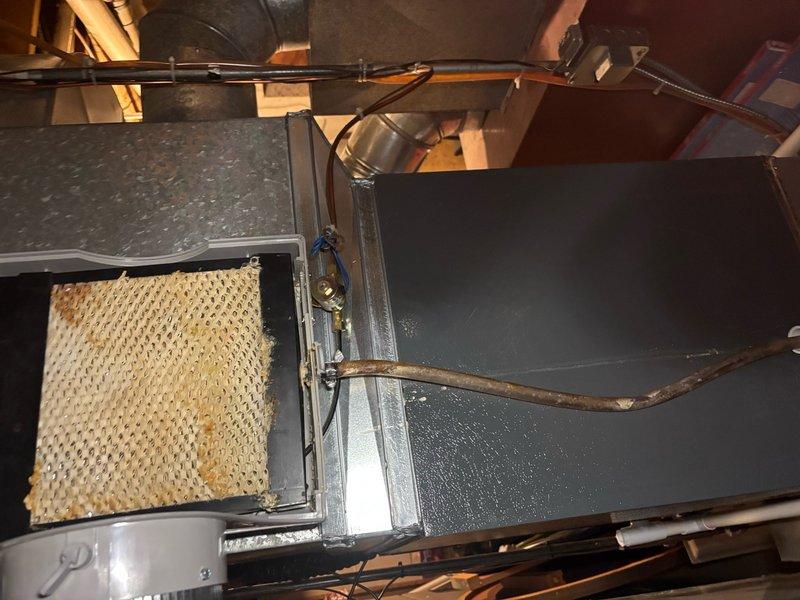 Performed annual heating maintenance on 15-year-old York furnace system. Inspected and found severely clogged filter requiring replacement; serviced connected humidifier system. System returned to proper operating condition after cleaning and tune-up.