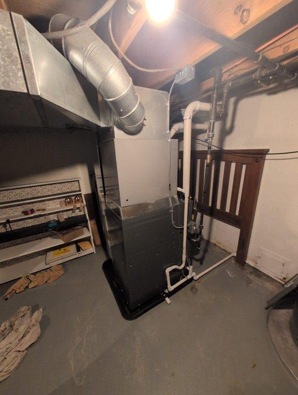 Successfully completed installation of new furnace system in basement mechanical room. Installed unit with proper PVC ventilation piping and connected to existing ductwork. System was tested and confirmed to be functioning according to specifications.