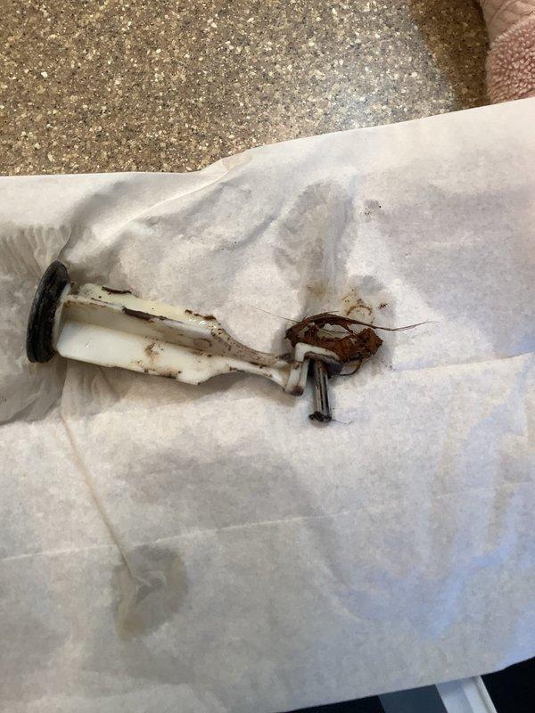 Diagnosed and replaced damaged sink pop-up stopper assembly that was exhibiting significant corrosion and deterioration at connection points. Removed the compromised component, installed new stopper mechanism, and verified proper drainage operation and seal function.