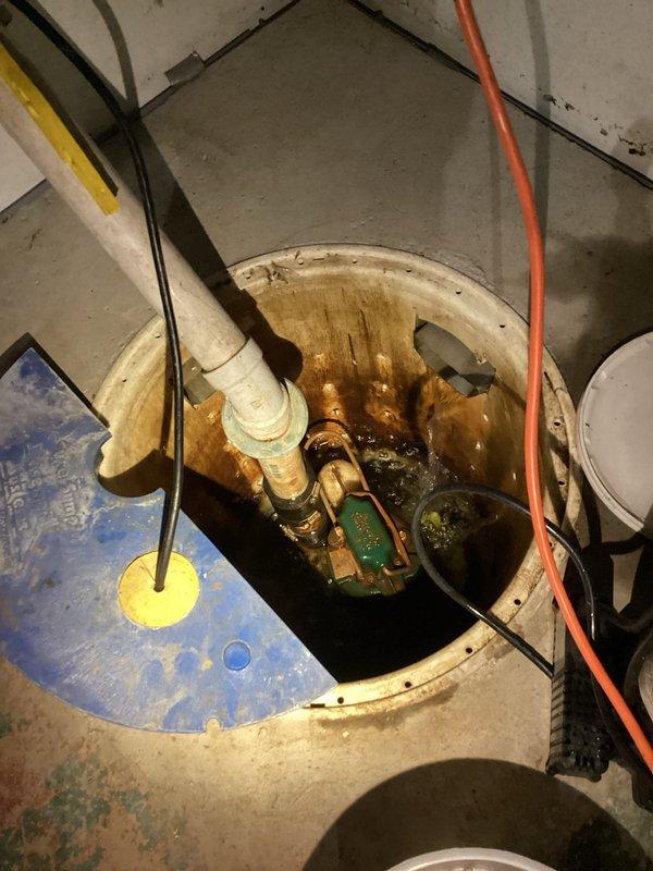 Responded to service call for malfunctioning sump pump. Upon inspection, found significant corrosion on pump components, particularly on copper fittings and connections inside the basin. Replaced damaged submersible pump and installed new float switch to restore proper operation, preventing potential basement flooding.