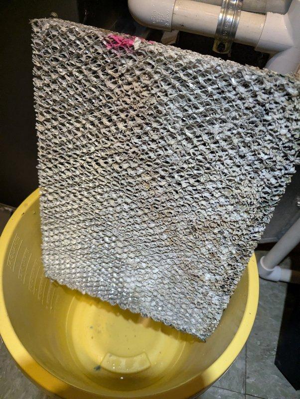 Responded to service call for leaking furnace humidifier in 7-year-old Lennox system. Discovered severely clogged evaporator pad causing water overflow, with temporary collection bucket in place. Replaced humidifier pad, cleaned unit, and verified proper operation with no further leakage.