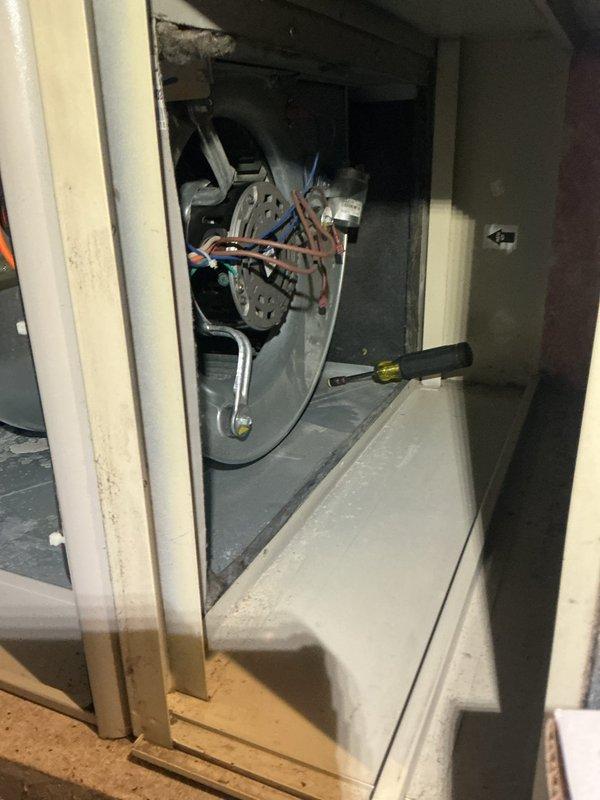 Completed annual heating maintenance on 7-year-old Maytag furnace. Accessed interior components for full inspection, focusing on motor assembly and capacitor (10 MFd). Performed standard tune-up procedures with particular attention to wiring connections and component cleanliness. System is functioning properly with no humidity issues identified.