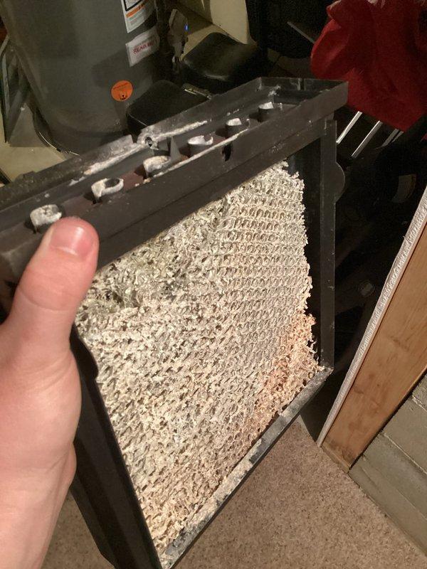 Performed complimentary annual furnace tune-up on EnergiAir WT 04-2035 unit (0 years old). Discovered severely clogged air filter which was replaced to restore proper airflow. Cleaned accumulated dust and debris from internal components to improve system efficiency and extend equipment life.