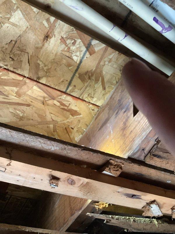 Responded to a recurring leak from second floor bathroom shower causing water damage to main floor ceiling. Inspection revealed inadequate waterproofing at the floor-to-wall junction in the shower area. Performed repair by removing damaged materials, installing proper waterproofing membrane, and sealing all joints to prevent future water intrusion through the subfloor structure.