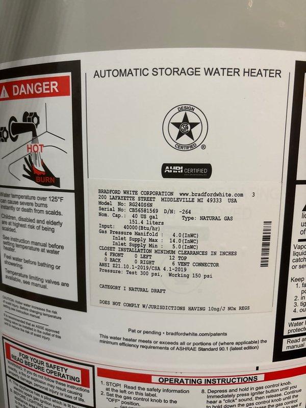 # Job Summary

Successfully completed installation of a 40-gallon natural gas Bradford White water heater (Model MS240S6N) with natural draft venting system, replacing existing unit in residential basement utility room.

# Work Performed

Removed and properly disposed of old water heater unit. Installed new 40-gallon Bradford White natural gas water heater with 40,000 BTU/HR input rating in basement mechanical room against concrete block wall. Connected copper supply and distribution piping with brass shutoff valves and fittings at top of unit. Installed flexible aluminum exhaust vent duct connecting from water heater top to existing horizontal ductwork, ensuring proper Category I natural draft venting configuration. Completed all electrical connections with appropriate wiring run along side of tank. Verified proper gas line connection to natural gas supply with correct manifold pressure settings. Tested all water connections for leaks and confirmed proper operation of temperature and 