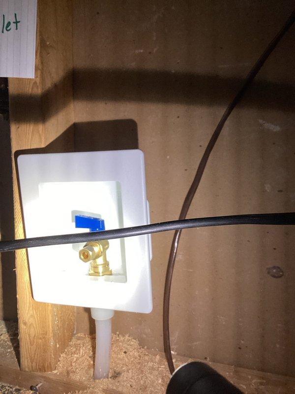 Technician responded to a miscellaneous plumbing repair request and assessed the installation site. Upon inspection, identified the necessary components and connections in the utility area, including copper piping, PVC lines, and an outlet box with brass fittings and valve assembly. Documented the existing conditions with photographs for reference. Work is currently on hold pending parts procurement, with technician scheduled to return to complete the installation once the required component arrives.