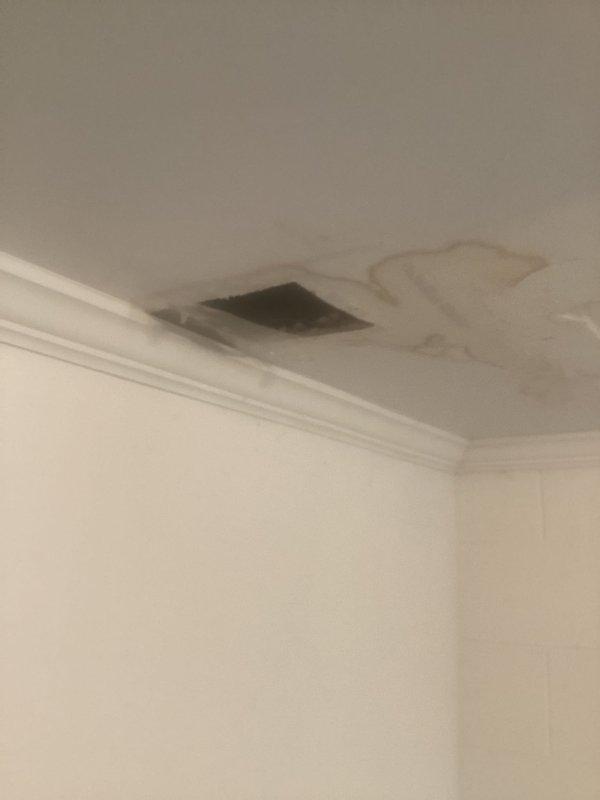 Responded to plumbing leak emergency in basement bedroom where water was actively dripping from ceiling onto bed below, originating from bathroom plumbing above. Conducted thorough inspection and documented extensive water damage including brown and gray staining across ceiling surface near ventilation opening, indicating ongoing moisture intrusion from overhead bathroom pipes. Assessed damage to ceiling materials and identified source of leak requiring further plumbing repair to resolve active water infiltration and prevent additional property damage.