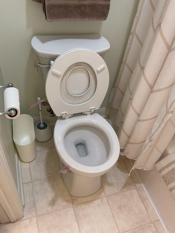 Responded to a plumbing leak investigation at a residential bathroom. Upon arrival, conducted a thorough inspection of the toilet and surrounding plumbing fixtures to identify the source of reported water leakage. Examined the water supply lines, tank connections, mounting hardware, and floor area around the toilet base for signs of moisture or active leaks. Documented conditions with photographs showing the toilet assembly, wall-mounted supply lines, and bathroom fixtures. The standard two-piece toilet with visible tank and bowl connections was assessed for proper sealing and potential leak points. Inspection complete.