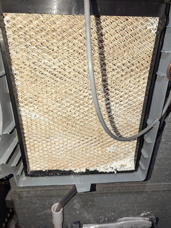 Completed annual heating maintenance on 7-year-old furnace and humidifier system. Inspected evaporative cooler pad showing moderate mineral deposits and discoloration along edges, indicating normal wear from water exposure. Examined heat exchanger fins which exhibited significant dust and debris accumulation between parallel rows, particularly at base connections. Performed standard tune-up procedures including cleaning components, checking water distribution system operation, and verifying proper airflow through honeycomb media. System operational upon completion of preventive maintenance service.