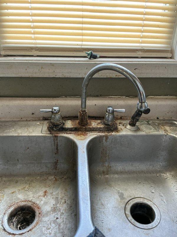 Installed customer-supplied kitchen faucet at double-basin stainless steel sink, replacing existing corroded fixture with extensive rust staining around base and mounting hardware. Cleared backed-up toilet affecting single fixture; restored proper drainage and flushing function without requiring toilet replacement.