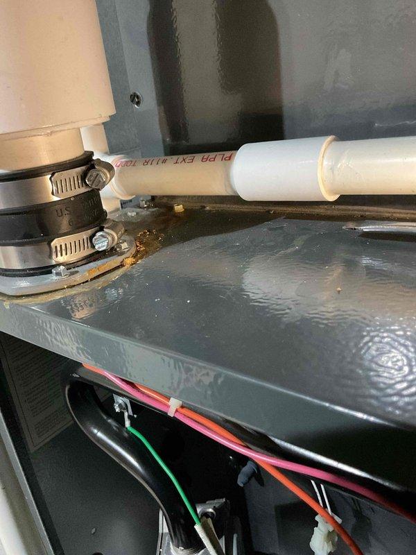 Completed annual heating maintenance and furnace tune-up as part of recurring service agreement. Inspected heating system components, humidifier operation, and condensate drainage system. Noted corrosion present on metal pipe fittings and debris accumulation in drain pan, which were documented with photos for customer records.