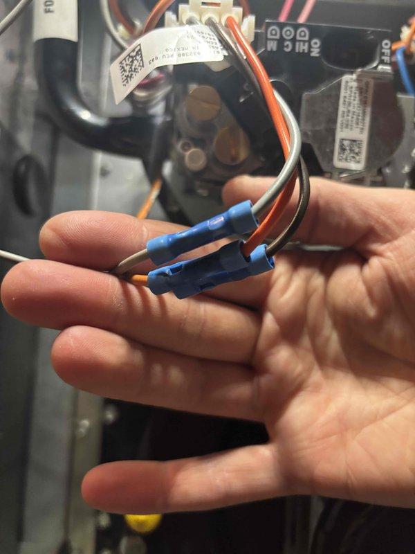 Completed annual heating maintenance on two furnace systems: an 8-year-old ICP unit and a 13-year-old ENE unit. Performed comprehensive inspection of gas valves, electrical connections, control boards, and blower assemblies on both systems. Replaced deteriorated wire connectors with new blue quick-disconnect connectors to ensure reliable electrical connections and prevent future service issues. Verified proper operation of all safety controls, tested ignition sequences, and confirmed adequate airflow through both heating systems. Both furnaces are operating within manufacturer specifications and ready for the heating season.