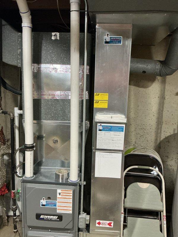 Completed annual heating maintenance on 2017 EnergiAir furnace system in basement mechanical room. Performed comprehensive tune-up including filter inspection, burner assembly cleaning, heat exchanger examination, blower motor lubrication, and combustion analysis to ensure optimal efficiency and safe operation. Verified proper condensate drainage through PVC piping system, inspected all electrical connections and safety controls, and confirmed adequate airflow through ductwork. System operating within manufacturer specifications with no humidity system present as noted. Equipment warranty active through May 2027.