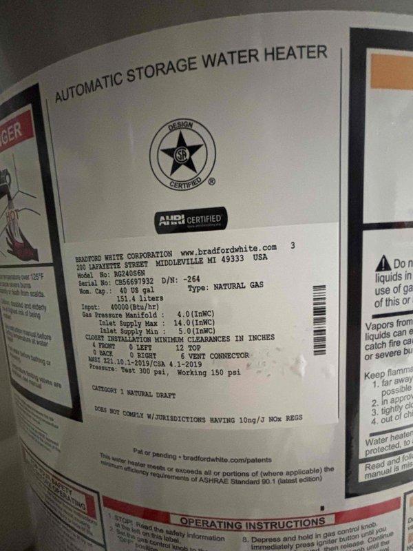 Completed installation of a 40-gallon natural gas water heater (Bradford White model M2X40S6N) in the utility room, replacing the existing unit. Connected all necessary gas lines, water supply lines with shutoff valves, and venting ductwork per manufacturer specifications and code requirements. Verified proper operation, tested for leaks, confirmed appropriate gas pressure settings, and ensured all safety labels and clearance requirements were met.