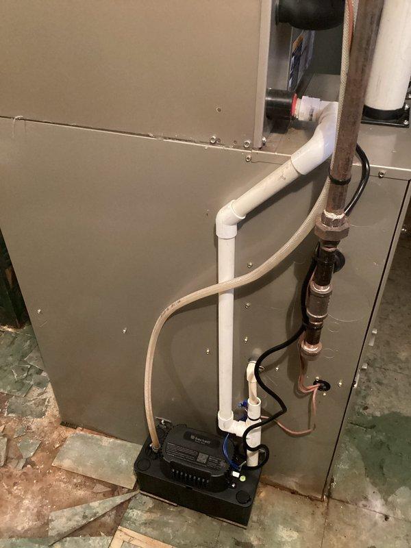 Responded to no heat call for 13-year-old Carrier furnace system. Upon arrival, performed diagnostic inspection of unit and confirmed complete system failure. Evaluated furnace components, checked electrical connections, and assessed overall system condition. Presented service club membership benefits to customer including annual maintenance, repair discounts, and priority service options. Documented equipment condition with photographs showing furnace cabinet, associated PVC condensate drainage, copper refrigerant lines, and condensate pump assembly in basement mechanical room.