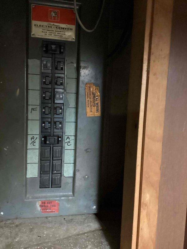 Responded to electrical issue involving flickering thermostat and recurring breaker trips. Inspected existing ELECTRI-CENTER breaker panel and electrical system. Upon examination, found outdated breaker panel with signs of wear and potential capacity issues contributing to frequent breaker trips. Documented panel condition with photographs showing circuit breaker configuration, labeling, and overall electrical distribution setup. Advised that panel replacement would be necessary to resolve ongoing electrical issues and prevent future thermostat malfunctions caused by unstable power supply.