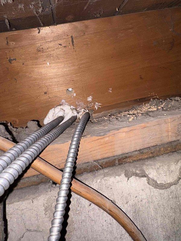 Completed inspector-required corrections by removing the upper portion of drywall to expose electrical wiring in floor joist area. Installed metal nail plates over all exposed Romex wiring to provide code-compliant protection against future penetration, ensuring all electrical cables running through framing members meet current safety standards for reinspection approval.