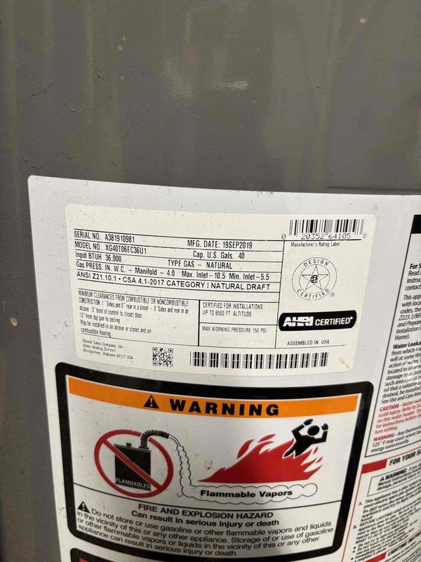 Responded to no heat and no hot water call for residential water heater. Upon arrival, performed diagnostic testing on natural gas water heater (Model XC4016FA04801, manufactured September 2019). Used Testo 510 diagnostic equipment to test gas valve and control components. Inspected electrical connections, capacitors, and wiring harness for proper operation. Verified gas supply pressure and burner assembly function. Unit restored to proper operation with heat and hot water functioning normally.