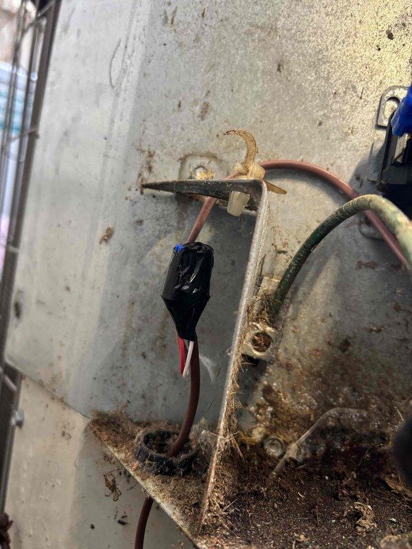 Completed annual heating and cooling tune-up on 9-year-old Carrier unit and 4-year-old EcoAir system. Inspected outdoor AC unit and documented significant electrical component deterioration, including heavily corroded wiring panel with rust staining, dirt accumulation, and aged wire connections requiring attention. Examined capacitor assembly showing outdoor exposure wear with dust and grime buildup on cylindrical run capacitor and associated wiring connections.