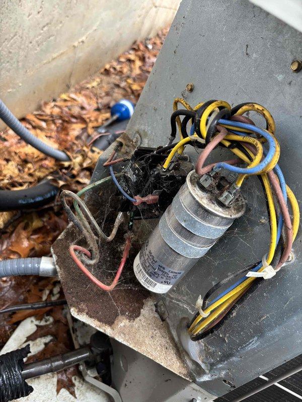 Completed annual heating and cooling tune-up on 9-year-old Carrier unit and 4-year-old EcoAir system. Inspected outdoor AC unit and documented significant electrical component deterioration, including heavily corroded wiring panel with rust staining, dirt accumulation, and aged wire connections requiring attention. Examined capacitor assembly showing outdoor exposure wear with dust and grime buildup on cylindrical run capacitor and associated wiring connections.