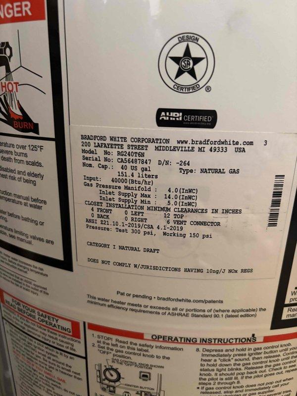 Successfully installed a Bradford White 40-gallon natural gas water heater, model RG240U6N, in the basement utility area. Connected copper supply lines and gas piping to the unit with proper brass fittings and valves, ensuring all connections were secure and leak-free. Verified proper venting configuration for Category I natural draft operation and confirmed all manufacturer specifications including 40,000 BTU/hr input rating and 150 psi working pressure were met per installation requirements.