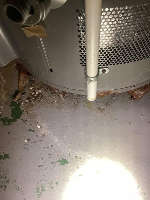 Responded to service call for water heater failure with complete loss of hot water following flooding event. Upon arrival, assessed 12-year-old water heater unit and surrounding mechanical area showing significant water damage, debris accumulation, and corrosion on metal components. Documented existing conditions including compromised flooring, rust damage to equipment base, and deteriorated materials in confined mechanical space. Inspected plumbing connections, copper piping, PVC drain lines, and ductwork assembly for flood-related damage. Photographed installation against block wall foundation and equipment positioning for service records. Unit deemed non-operational due to flood exposure and age-related deterioration requiring replacement recommendation.