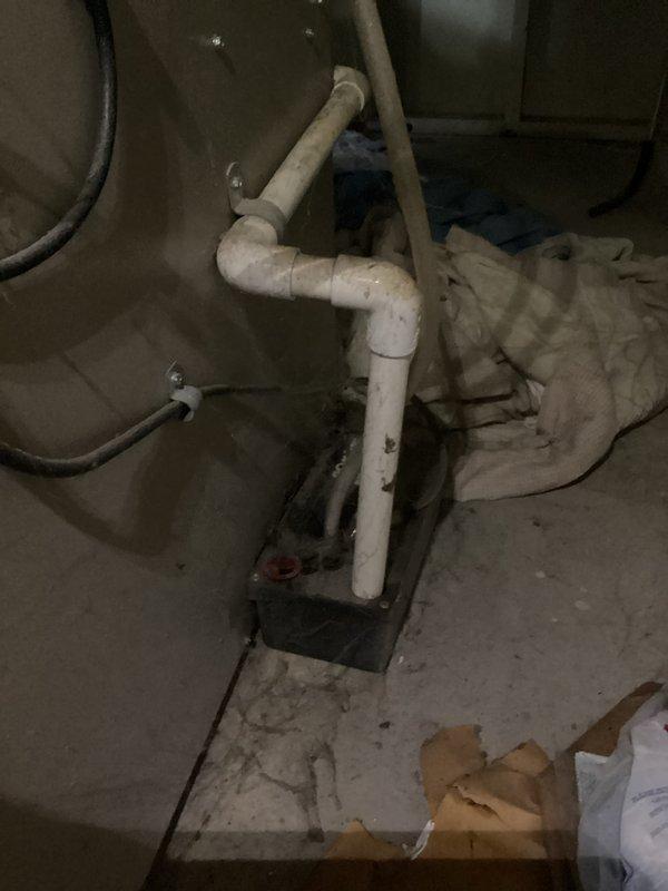 Completed annual cooling maintenance on 2024 Amana air conditioning system. Inspected outdoor condenser unit with protective wire cage, noting accumulated debris around base including leaves and organic material. Verified condenser fins and protective cage condition, observed normal weathering. Inspected indoor components including condensate pump and PVC drain line system in basement utility area. All equipment operational and system performing within manufacturer specifications.