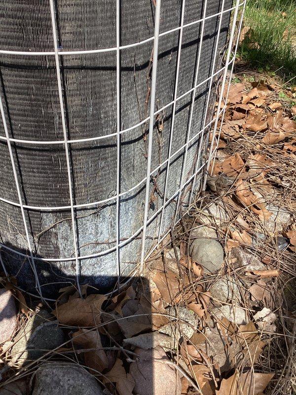 Completed annual cooling maintenance on 2024 Amana air conditioning system. Inspected outdoor condenser unit with protective wire cage, noting accumulated debris around base including leaves and organic material. Verified condenser fins and protective cage condition, observed normal weathering. Inspected indoor components including condensate pump and PVC drain line system in basement utility area. All equipment operational and system performing within manufacturer specifications.