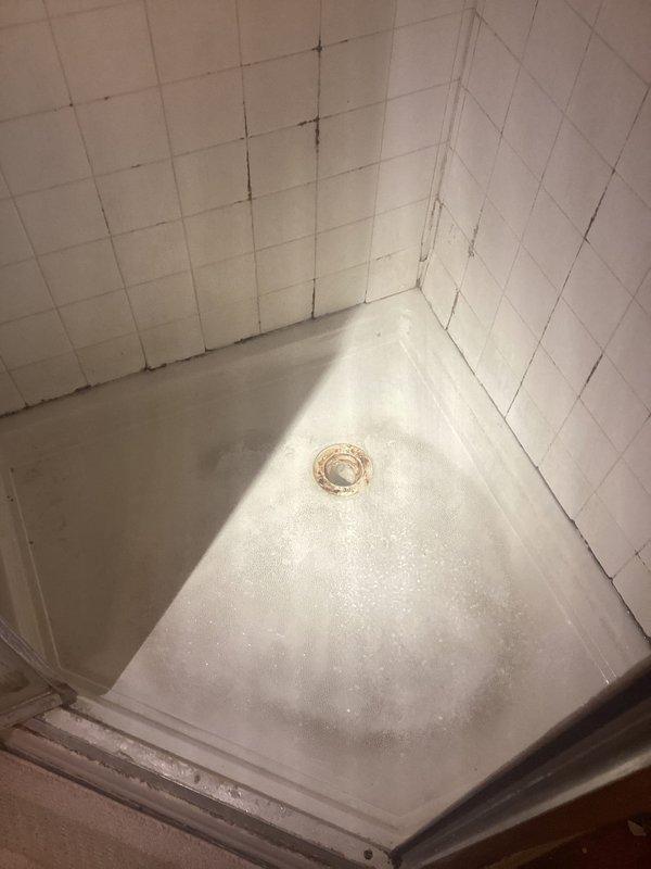 Responded to severely backed-up shower drain in downstairs bathroom of 52-year-old residence with history of intermittent drainage issues. Upon arrival, assessed white subway-tiled shower stall with visible aging, grout discoloration, and rust staining around drain assembly. Cleared complete blockage from shower drain line, restoring full water flow and drainage capacity. Documented existing conditions showing wear consistent with building age, including mineral deposits and surface staining on fixtures and tile surfaces.