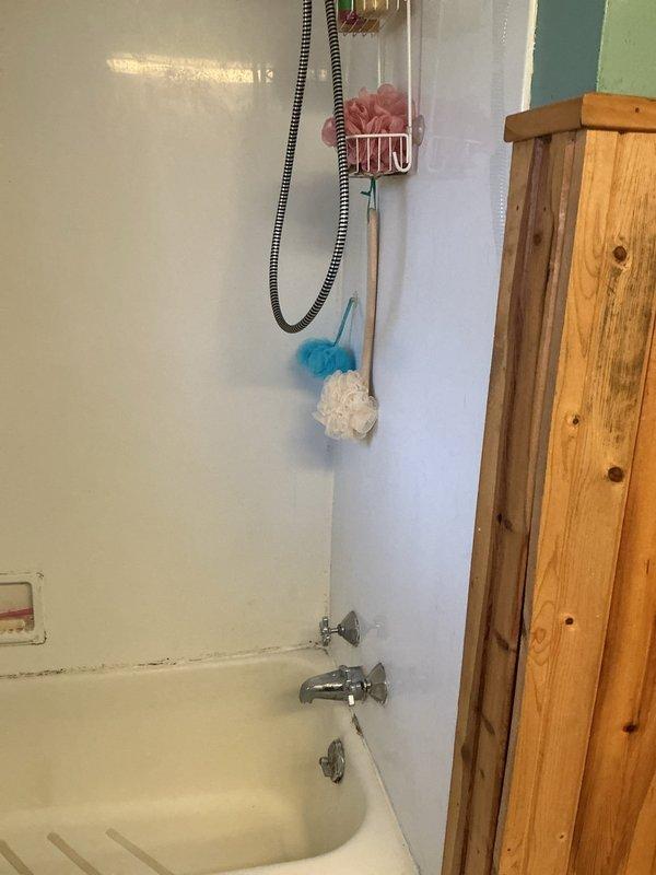 Conducted on-site assessment for bathroom remodel project. Documented existing bathroom conditions including standard beige bathtub with chrome fixtures, wall-mounted shower assembly with flexible hose, and surrounding white-painted walls showing typical moisture-related wear. Photographed current plumbing fixtures, bathtub configuration, and wall conditions to prepare comprehensive project estimate for complete bathroom renovation.