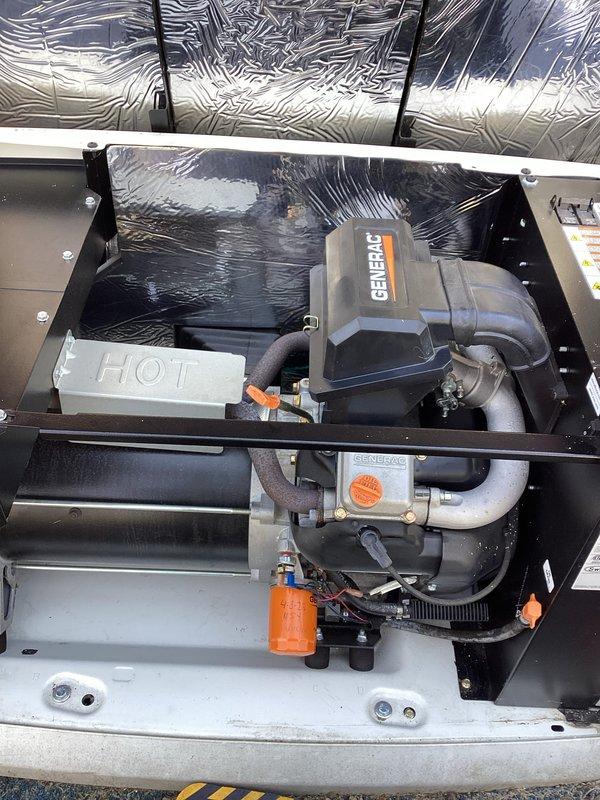 Responded to service call for 10-year-old Generac generator displaying error code 1505. Upon arrival, performed diagnostic inspection of the unit housed in its enclosure. Accessed generator compartment and examined engine components, fuel system, and associated hardware. Inspected fuel lines, float mechanism, and connections for proper operation. Evaluated mechanical components and verified system integrity. Documented equipment condition through photographs showing generator installation, enclosure setup, and component details. Error code 1505 typically indicates a RPM sensor or speed detection issue requiring further troubleshooting of ignition system and control board connections.