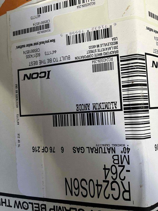 Completed installation of natural gas water heater with aluminum anode rod. Unit was delivered, positioned, and connected to existing gas and water lines per manufacturer specifications. System was tested for proper operation, leak-free connections verified, and photographic documentation captured of completed installation.
