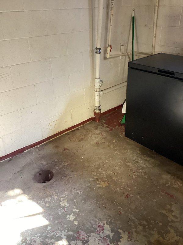 Conducted plumbing project estimate for basement drainage system with defective pipe containing a belly within the concrete floor. Documented existing conditions including deteriorated concrete flooring with significant staining and exposed PVC drainage piping showing discoloration around joints and trap assembly, indicating potential drainage issues requiring repair or replacement of compromised underground piping.