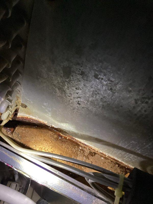 Completed annual cooling maintenance on 12-year-old Goodman system with 2022 condenser motor. Inspection revealed significant rust staining and corrosion on evaporator coil drip pan indicating prolonged moisture exposure, with condensate actively draining into auxiliary pan on floor. Documented interior component condition and verified condensate drainage system operation.