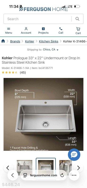 Conducted sales estimate for kitchen plumbing upgrade involving installation of a Kohler Prologue 33" x 22" stainless steel undermount sink with 9" bowl depth and garbage disposal unit beneath existing granite countertop. Documented site conditions and provided customer with product specifications and project scope for proposed installation.
