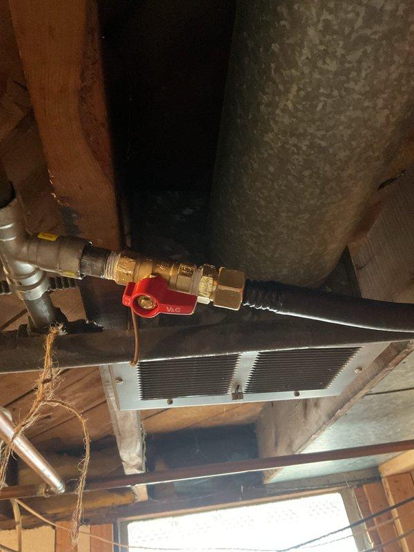 Removed existing copper gas line and installed new gas distribution system using track pipe and rigid black pipe. Installed track pipe fitting to tap into existing gas supply, then ran new gas lines to both dryer and stove locations. Each appliance connection was fitted with individual shut-off valves and flexible appliance connectors for safe operation. Work completed in approximately 3-4 hours with all connections tested and verified for proper operation.