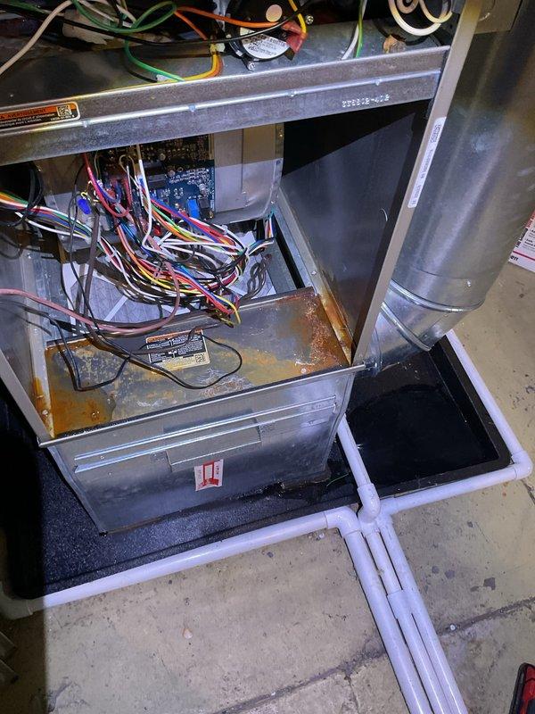 Responded to water leak complaint on 3-year-old Carrier furnace unit. Upon inspection, discovered significant accumulation of rusty, sediment-laden water pooled in the base pan of the HVAC compartment. Identified issue as condensate drainage system malfunction, with brownish-orange liquid indicating corrosion or sediment buildup in the drain line or evaporator coil. Documented internal components including control board, wiring harnesses, and condensate management system with white PVC drain piping visible at unit base. The pooled water posed potential risk to electrical components and control module located above the collection pan.