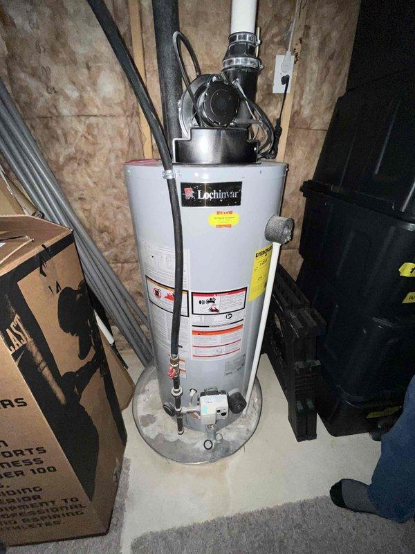 Completed estimate for 9-year-old Lochinvar water heater producing rusty water. Inspected unit and associated piping connections in utility space, documented current system condition with photographs showing plumbing configuration, and provided replacement options to address water quality concerns and aging equipment.