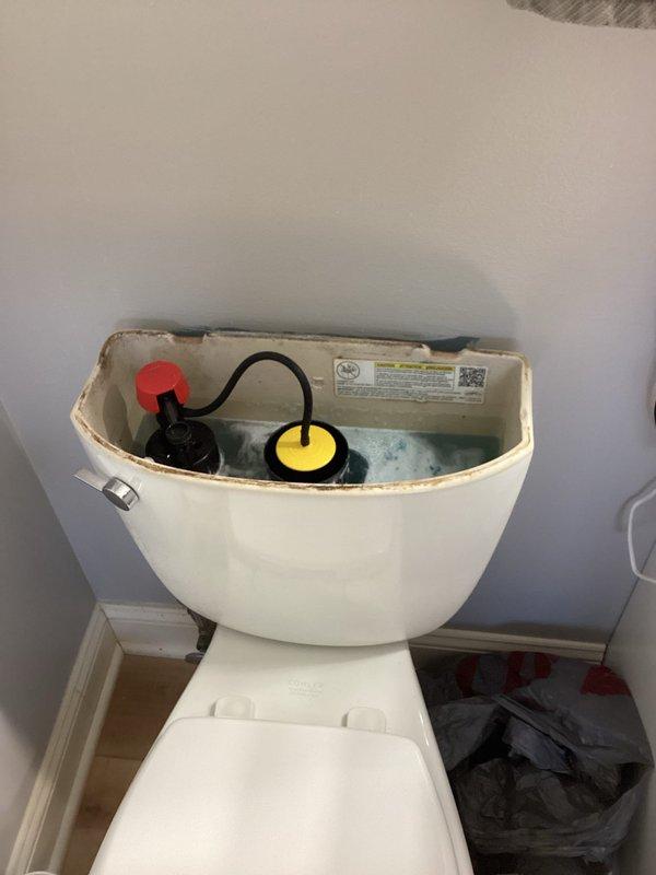 Responded to multiple plumbing concerns in residential bathroom. Addressed broken sink stopper mechanism in bathroom lavatory. Investigated and diagnosed unusual noise occurring during shower operation that persisted for approximately 20 seconds after turning on water supply. Inspected toilet tank components and identified slow fill issue caused by fill valve requiring adjustment. Examined fill valve assembly, float mechanism, and water supply line connections. Made necessary adjustments to optimize toilet tank fill rate and restore proper operation. Verified all fixtures functioning correctly upon completion. Documented conditions with photographic evidence showing toilet tank internal components and shower/tub fixture assembly.