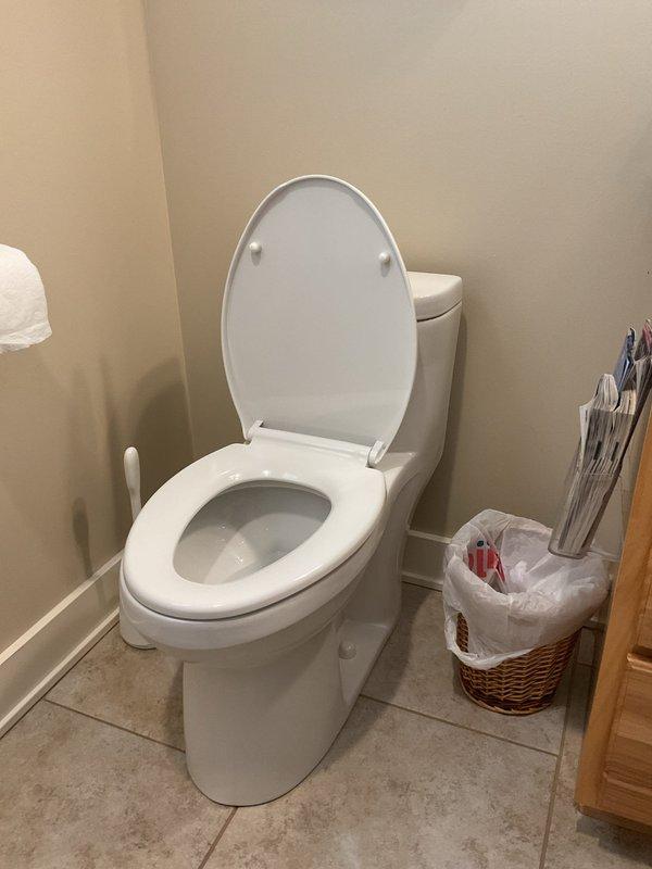 Responded to plumbing leak complaint occurring in basement when upstairs toilet was flushed. Conducted visual inspection of upstairs toilet and surrounding fixtures to identify source of water intrusion. Documented bathroom conditions and toilet installation with photographic evidence for service records, noting standard two-piece toilet configuration with raised lid position during diagnostic assessment.