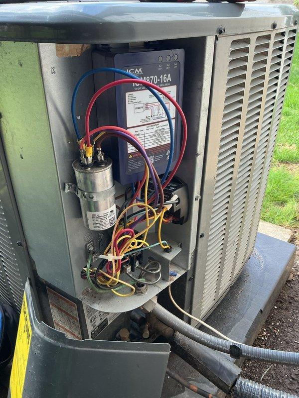 Completed annual cooling maintenance on 4-year-old Goodman AC system. Performed comprehensive tune-up including inspection of outdoor unit components, capacitor testing, and contactor evaluation. Verified proper operation of condensate pump and drain pan assembly, confirmed drain tablets in place for algae prevention. Checked all electrical connections and wiring integrity throughout system. All components found operating within normal parameters. Customer inquired about soft start device installation for future consideration.
