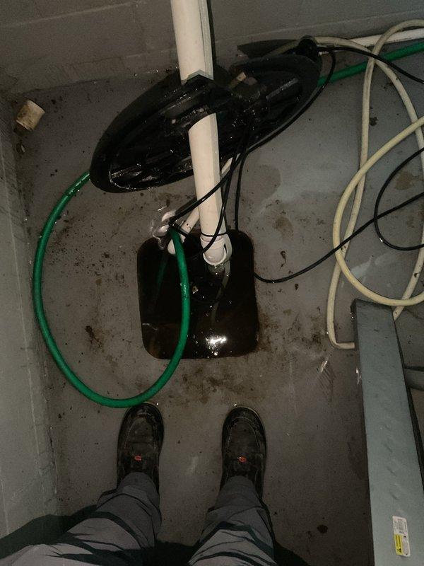 Responded to sump pump failure and performed complete replacement of failed unit. Removed defective sump pump from basin and installed new pump assembly with proper discharge connections. Secured discharge piping using appropriate PVC mounting brackets and strapping to concrete block wall, ensuring proper vertical alignment and support. Connected green discharge hose to pump outlet and verified all electrical connections were properly routed and secured along existing pipe infrastructure using cable ties. Tested new pump operation to confirm proper function and drainage capability upon completion.