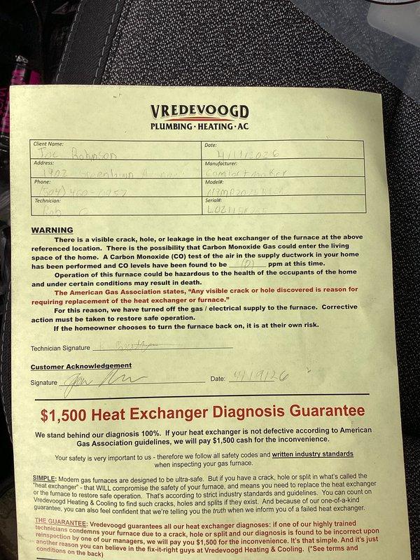 Responded to no heat call where igniter was glowing but burners would not ignite. Upon inspection with diagnostic camera, discovered a cracked heat exchanger in the Amana furnace. Immediately shut off gas and electric supply to the unit due to carbon monoxide hazard, tagged the equipment, and provided customer with written warning documentation regarding the dangerous condition and heat exchanger diagnosis guarantee.