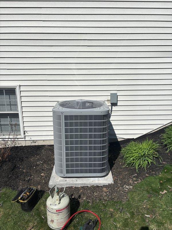 Completed full AC system replacement at residential property. Installed new outdoor condensing unit on concrete pad against exterior wall, ensuring proper placement and levelness. Connected and terminated all electrical wiring including contactor, capacitor, and control circuits with appropriate wire nuts and securing methods. Verified all electrical connections per manufacturer specifications, tested system operation, and confirmed proper refrigerant charging. Unit operational and performing within normal parameters upon completion.