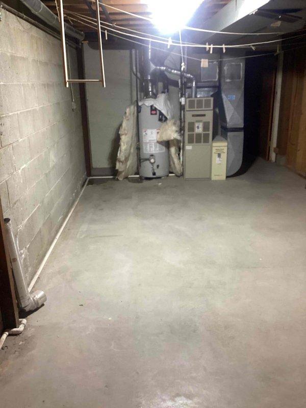 Provided estimate for replacement of existing gas-fired tall 40-gallon water heater located in basement utility room. Assessed current installation including copper supply piping, gas connections, and venting configuration alongside furnace unit in unfinished mechanical space with concrete floor and exposed joists.